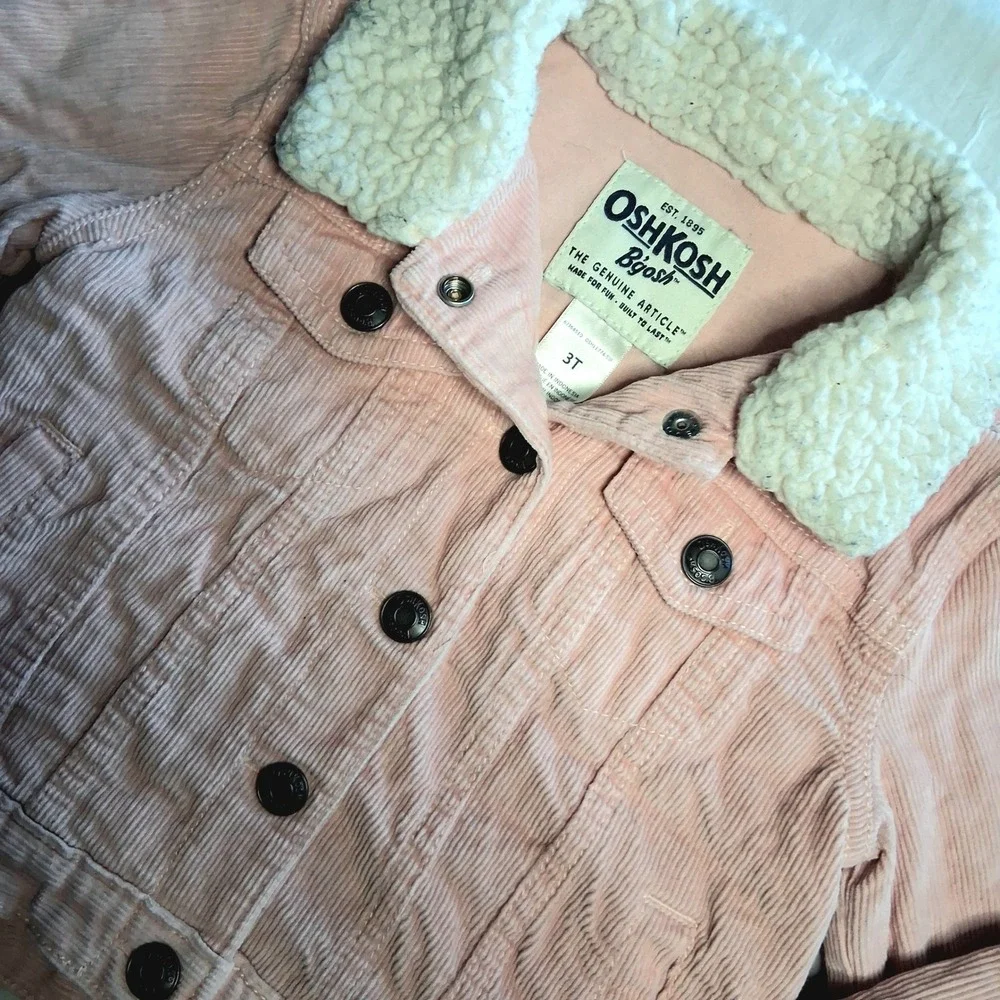 OshKosh‎ B'gosh Toddler Girl Pink Corduroy Sherpa Lined Trucker Jacket Size 3T